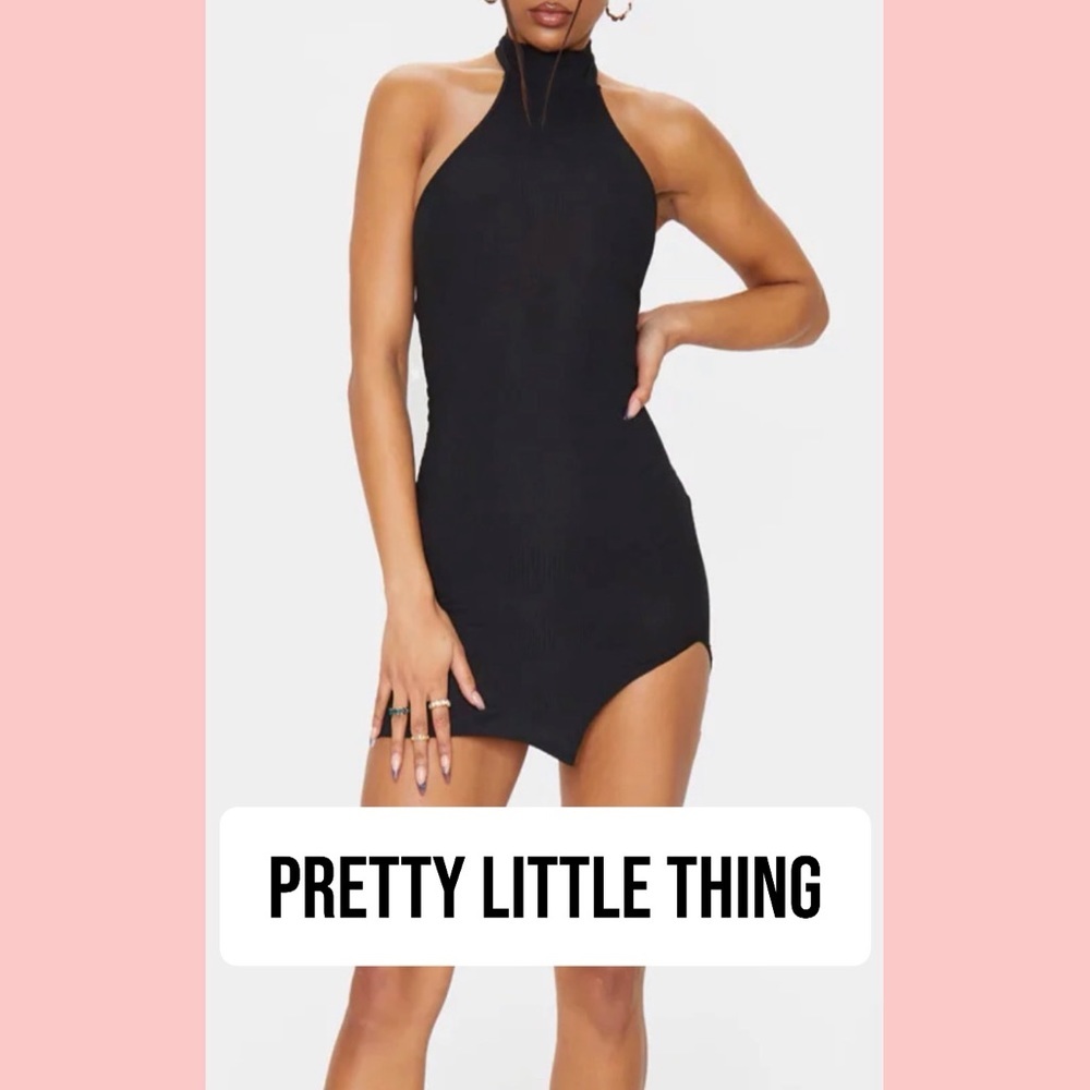 Black Ribbed High Neck Split Detail Bodycon Dress